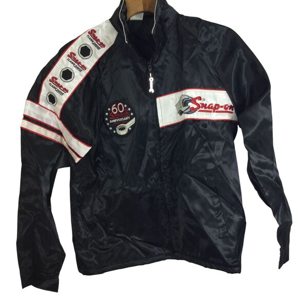 Snap On Mens Horizon Embroidered Satin 1980 Anniversary Jacket Black M Vintage